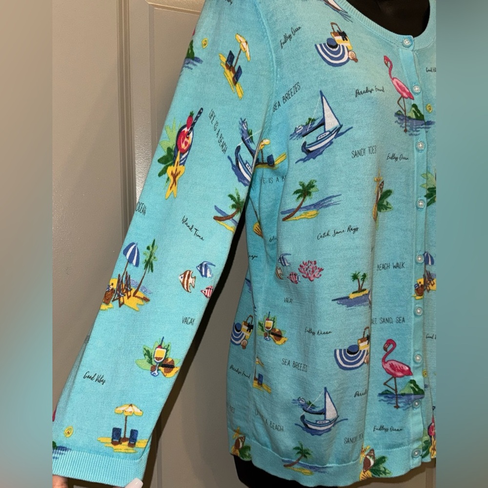 Talbots Lightweight Blue Beach Pattern Cardigan S… - image 8